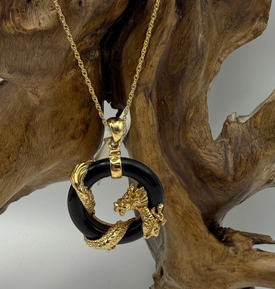 Collar Colgante Oro 925 Vermeil Ónix Negro Dragón Círculo Zodiaco Chino Foto 3 de 4