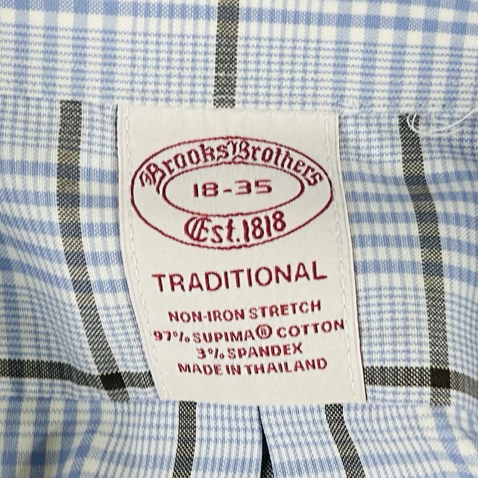 Camisa de Vestir Brooks Brothers 18 35 Ajuste Tradicional Sin Hierro Azul Marrón Glen Cuadros Foto 3 de 4