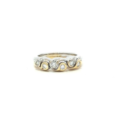 18k Gelb & Weißgold runder ineinandergreifender Diamant gewellter gedrehter Bandring