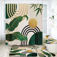 4 Piece Boho Shower Curtain Set With Non Slip Rugs Green Leaf Bathroom Decor Set