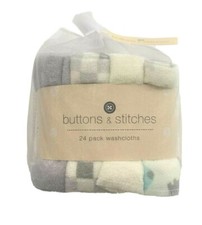 WASHCLOTHS PACK 24 - BUTTONS STITCHES - ELEPHANT AQUA - UNISEX SOFT BABY BATH