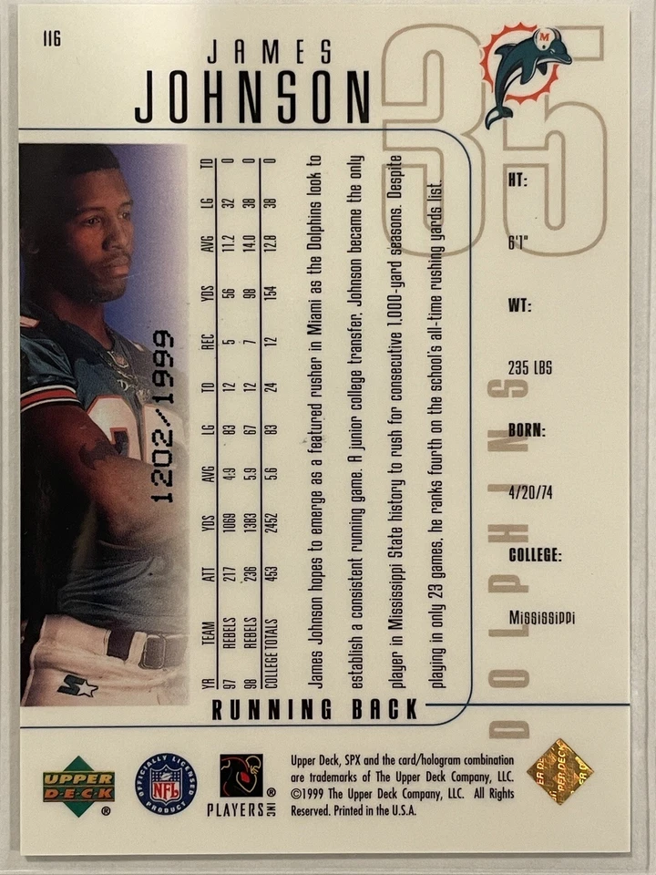 1999 SPx James Johnson Rookie RC /1999 #116 Football Miami Dolphins - Image 2 of 3