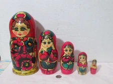 7” Wooden Russian Nest Doll Red Color With Flowers And Lady; Set Of 5