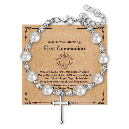 Virgin Mary Rosary Bead Cross Chain Simulated Pearl Beaded Bracelet for Women - Picture 8 of 56