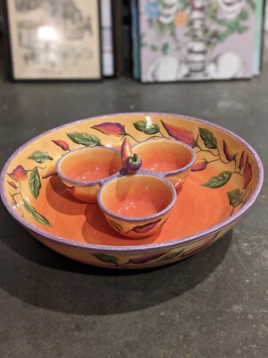 2003 Clay Art Chili Fiesta Extra Large 16.75'' Chip Pasta Serving Bowl + Dip Bowl