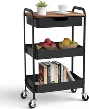 3 Tier Rolling Cart with Drawer, Metal Utility Cart on Wheels Storage Cart with