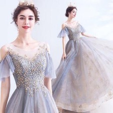 Women's Wedding EmbEmbroidery Floral Short Sleeve Tulle Dress Evening Prom Gown 