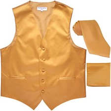 New Men's Gold formal vest Tuxedo Waistcoat necktie hankie set wedding