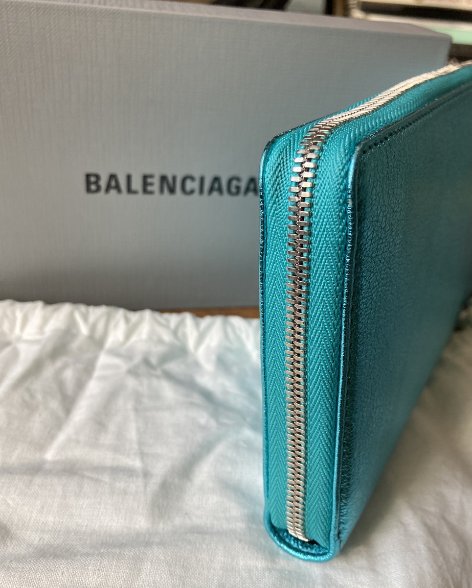 【BALENCIAGA】 NEO CLASSIC CONTINENTAL WALLET ★関税送料込み New Balenciaga Metallic Turquoise Blue Zip Around