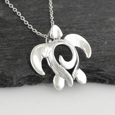 Sea Turtle with Swirl Pendant Necklace - 925 Sterling Silver - Beach Ocean
