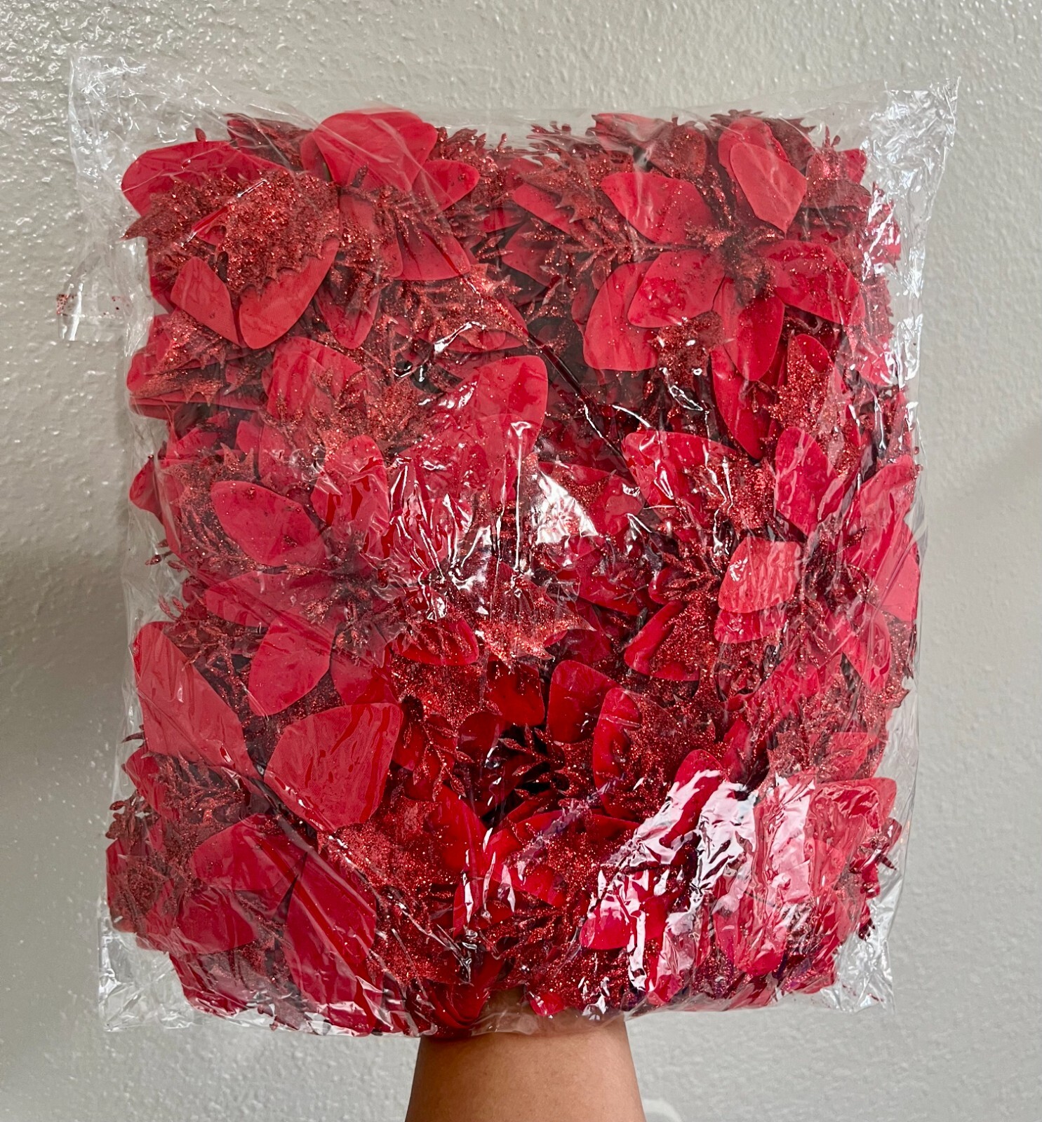 50 RED FLOWERS BAG CHRISTMAS POINSETTIA GLITTERS HANGING TREE DECORATION