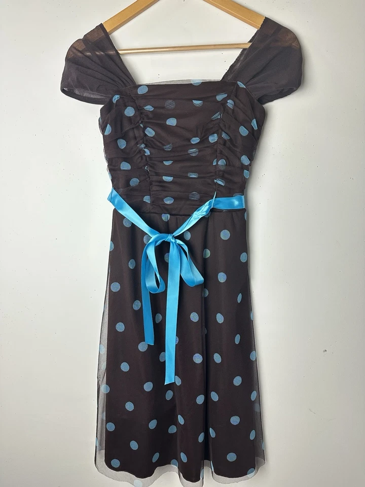 Vtg BCX Dress Fit Flare Brown Blue Polka Dot Mesh Y2k 90s Retro Pinup Cocktail 7 - Image 2 of 4