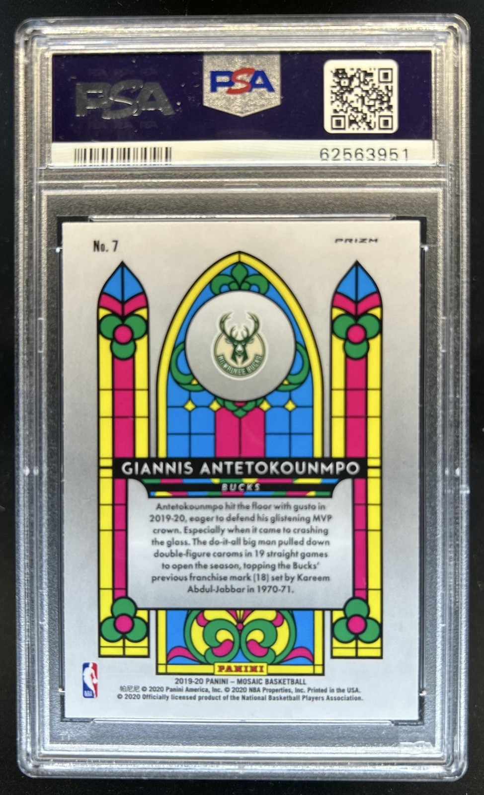2019-20 Panini Mosaic Giannis Antetokounmpo Stained Glass #7 Bucks PSA 10 view 2