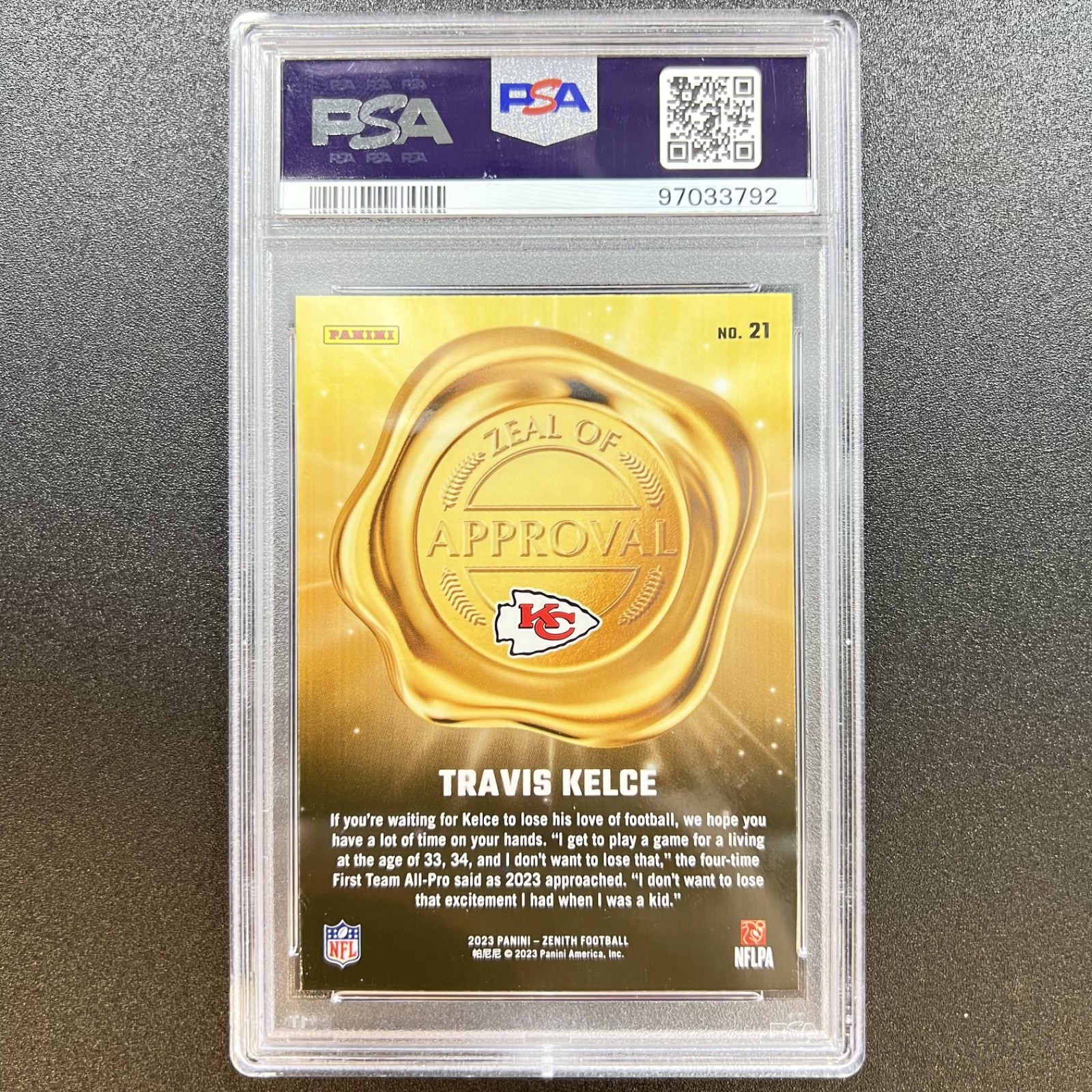 Travis Kelce #21 Zeal Of Approval Red PSA 10 2023 Panini Zenith NFL Football view 4