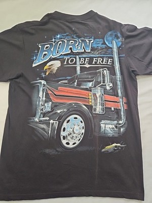 Vintage Semi Truck Eagle Born To Be Free Shirt Black Short Sleeve Men s L 22x30
