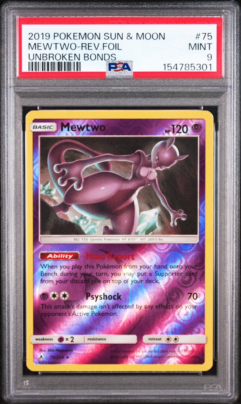 2019 Pokemon Sun & Moon Unbroken Bonds #75 Mewtwo-Rev.Foil Unbroken Bonds PSA 9