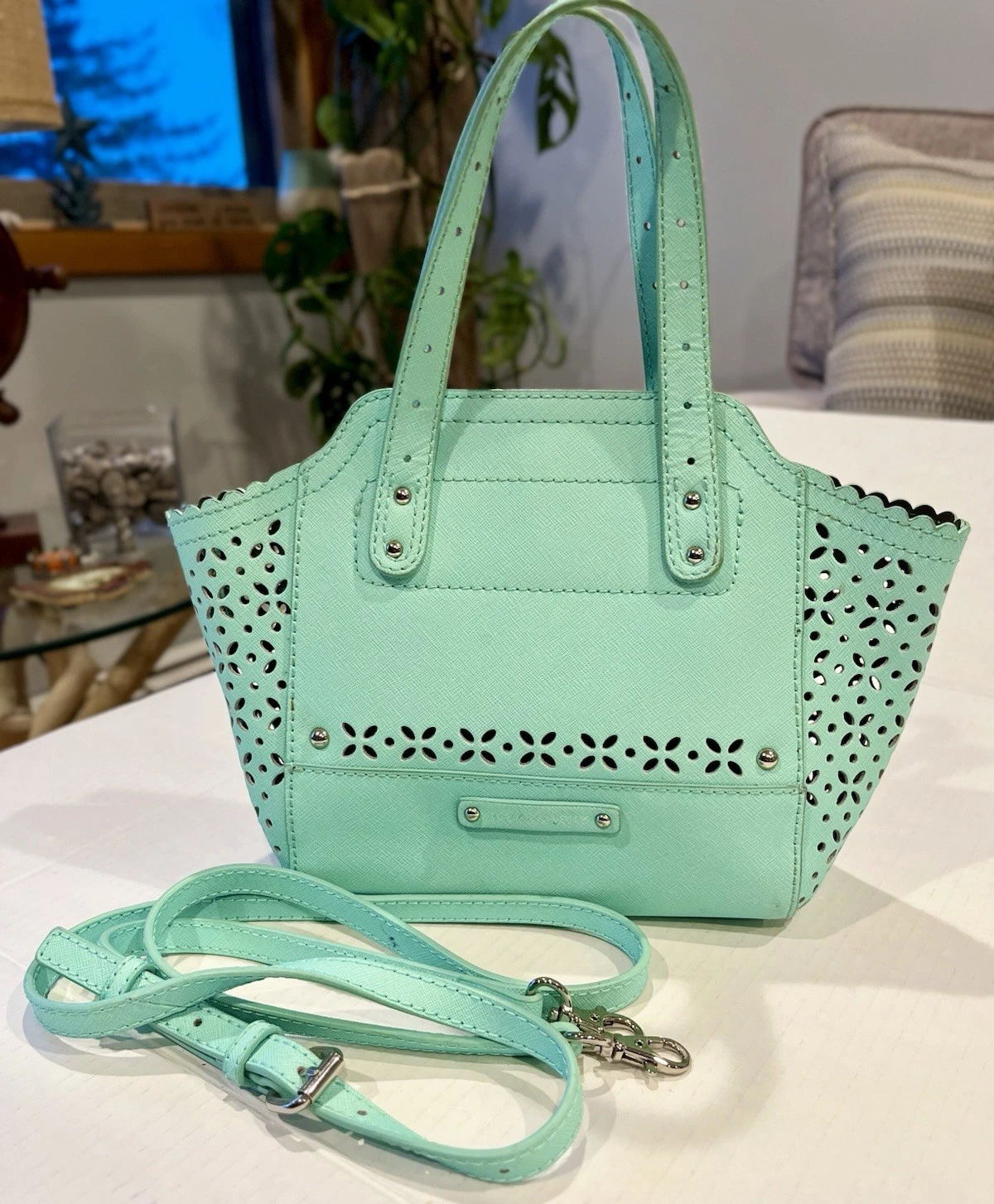 B. Makowsky Mint Green Purse Perforated Saffiano Mini Tessa Leather