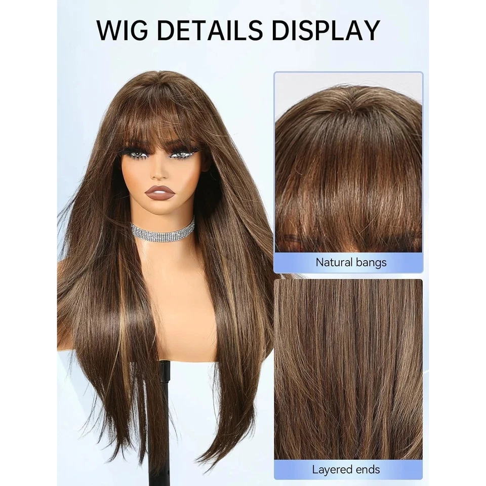 Mixed Brown Long Straight Cosplay Wigs With Bangs Synthetic Hair Heat Resistant - Image 3 of 4