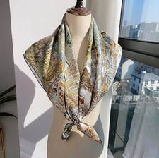 Pure 14 Momme Twill Silk Wrap Scarf Bandanna seaside Print Square Shawl 88X88cm