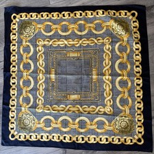 Vintage Silk Scarf Chain Print Medallion Baroque Style Navy Gold 34  Square