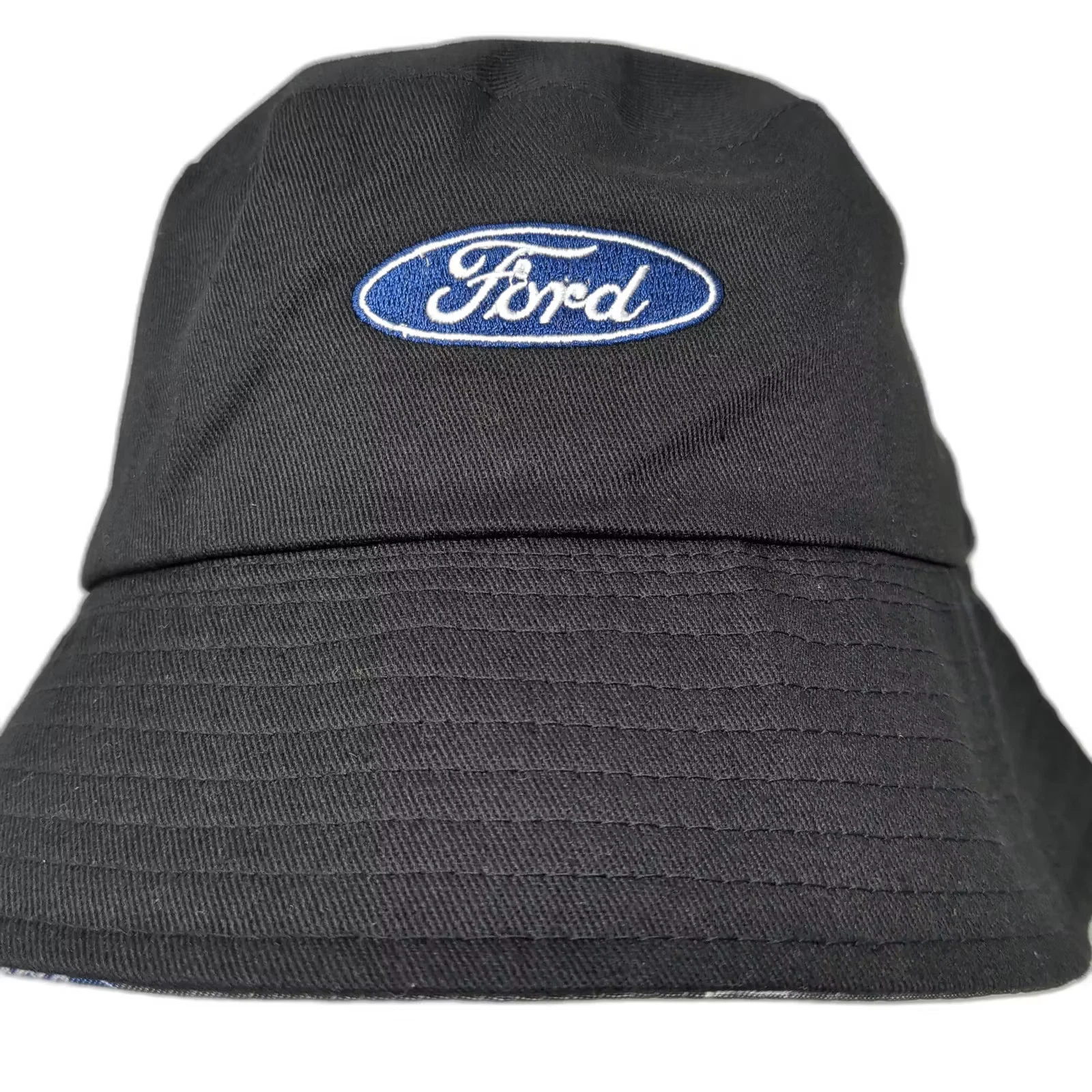 Ford Bucket Hat Black Blue Embroidered Logo Lined Pattern Wide Brim One Size