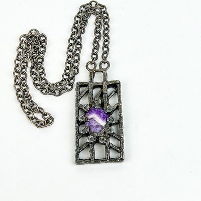Jacob Hull Amethyst Pendant Necklace Silver Plate Signed Denmark Brutalist Vtg