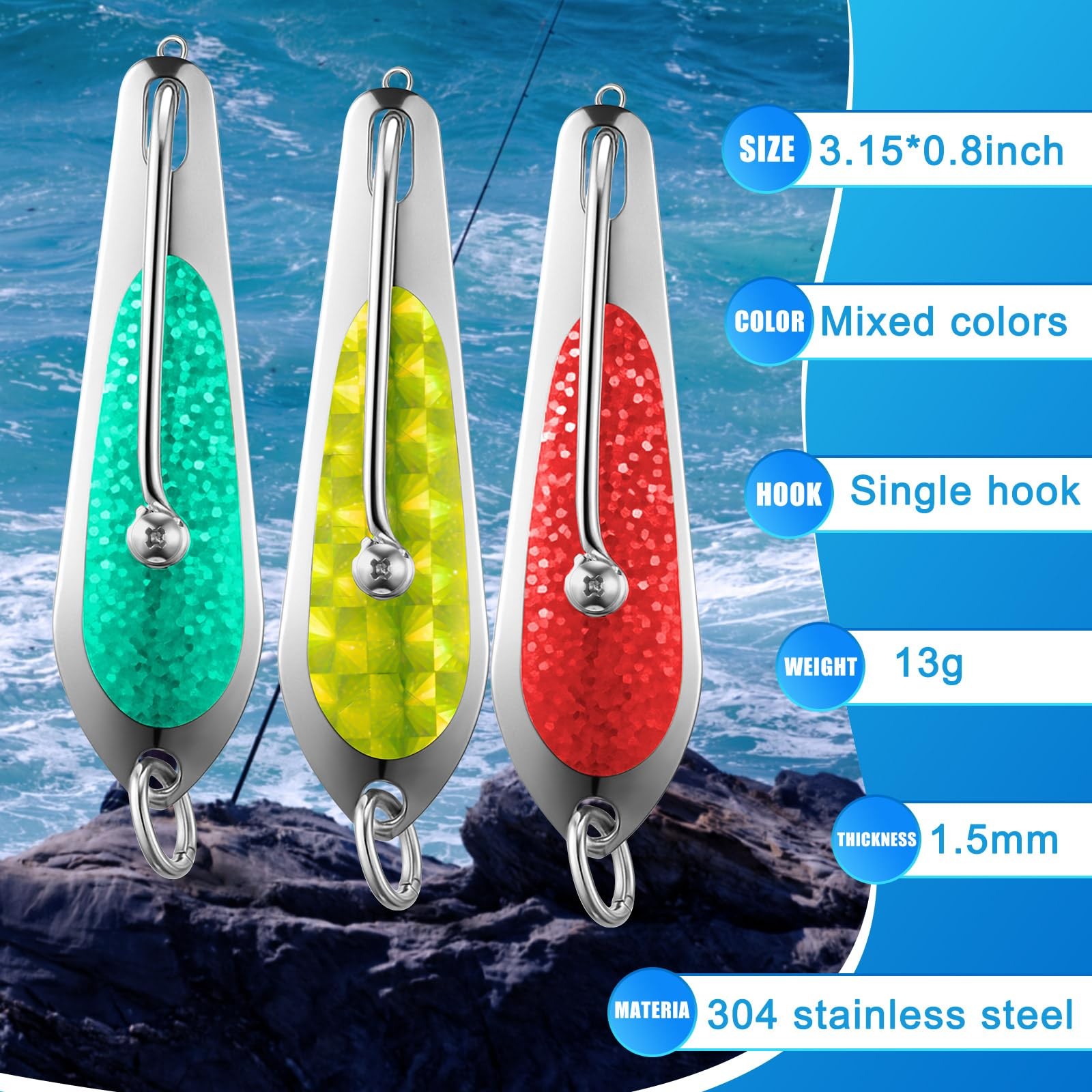 6 Pack Saltwater Fishing Spoons, 3 Inches Trolling Lures with Welded O-Ring 3... - Image 3