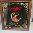 Vintage Miller High Life Girl On Moon Beer Mirror Bar Sign Wood Frame 14x14