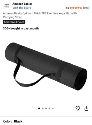 Amazon Basics TPE Yoga Mat 1/4'' Thick Non-Slip w/ Carrying Strap, Black
