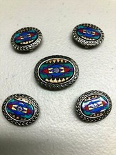 Vintage Southwest Native American Handpainted Chevron Silver Button Covers set 5