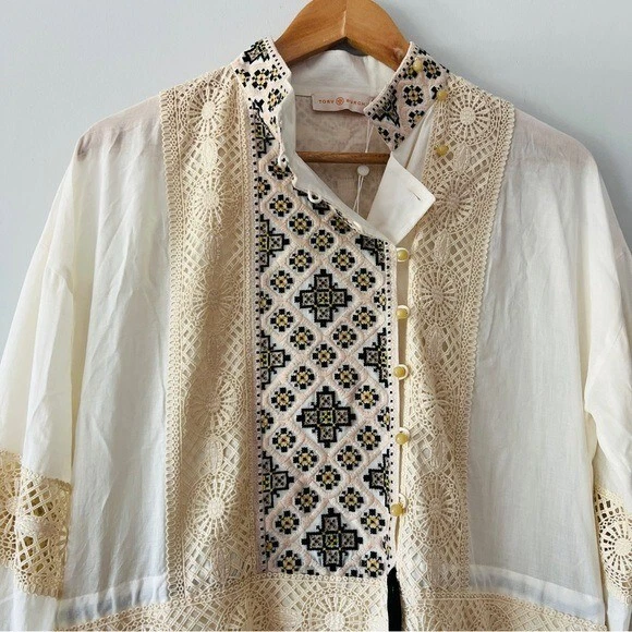 Nuovo Tory Burch raro mini abito Carlotta in pizzo con rifiniture ricamate taglia 10