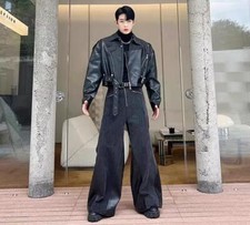 Men's Fashion Lapel Long Sleeve Denim Faux Leather Asymmetrical Jackets Trouser