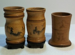 Vintage Brush Pots 2 Carved Bamboo HP 1 Carved Wood Chinese/Japane