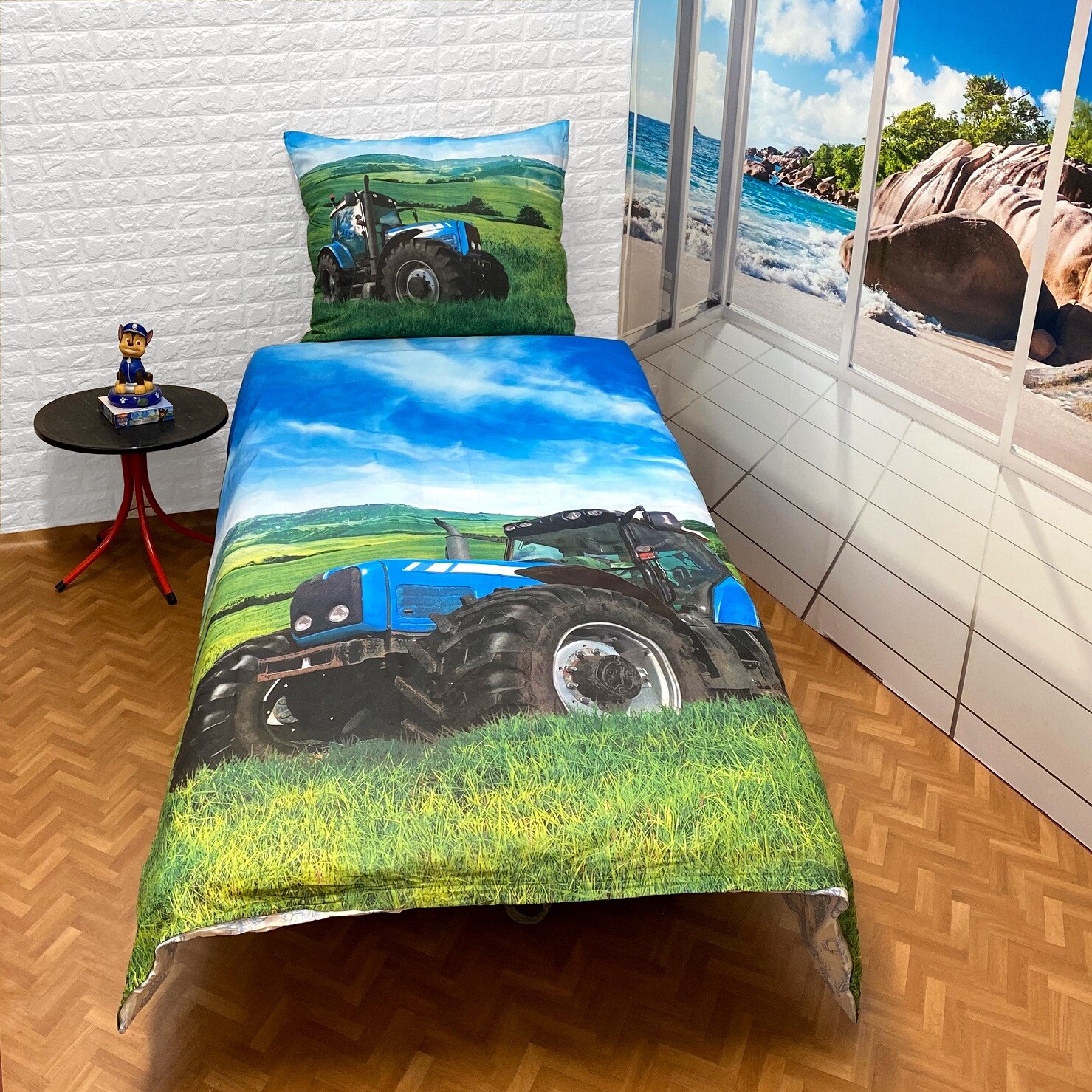 Tractor Azul Set Cama Individual Funda Nórdica 160x200cm, Lino Niños Algodón