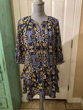 LOFT,    3/4'' SLEEVE,  BUTTONED, V-NECK,  TIERED,  RUFFLED,  LINED,  DRESS,  PS