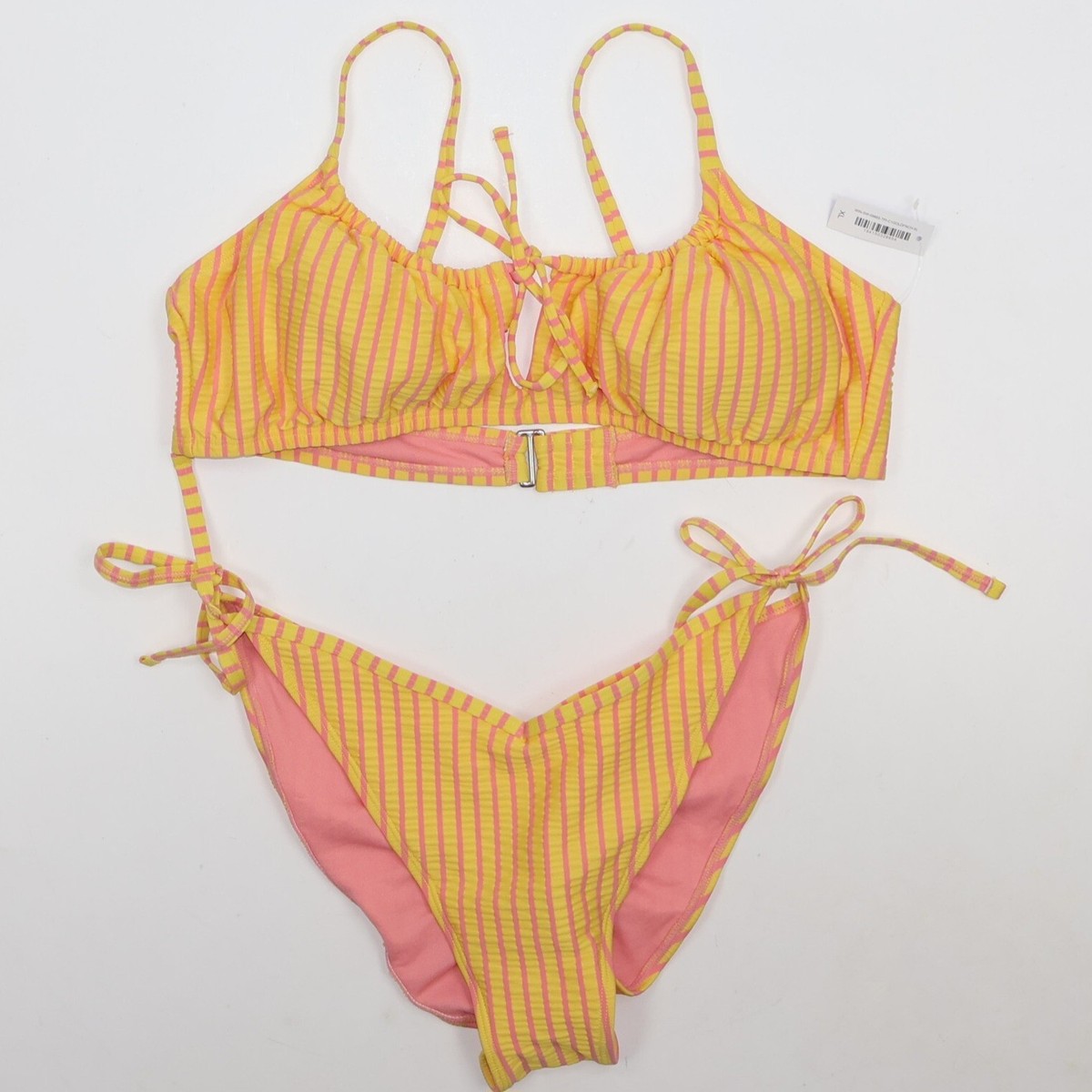 Adore Me Striped Bikini Set XL New w/tags Ruched Yellow Adjustable