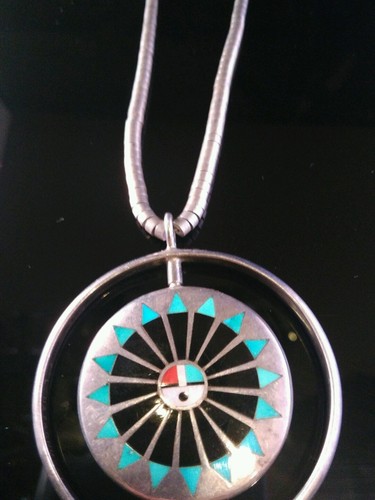Zuni Mosaic Inlay Spinner Sterling Silver Necklace 16 Inch F.L Natachu - Picture 3 of 12