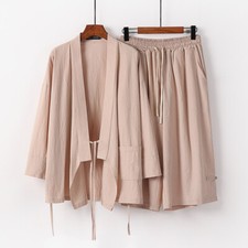 Men Kung Fu Suit Chinese Traditional Linen Hanfu Set Kimono Top and Short Pants