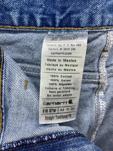 Carhartt Jeans Men’s 46x30 B18STW Traditional Fit Straight Medium Wash Blue - Picture 5 of 14