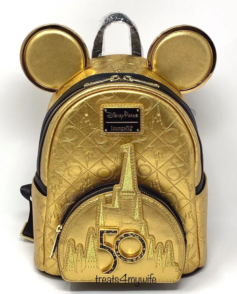 Disney Walt Disney World 50Th Anniversary Mickey Leather Gold Mini Backpack  New 