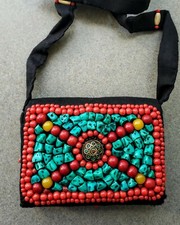 Beaded Coral Turquoise Tibetan Handmade Purse Handbag Crossbody Bag Wallet