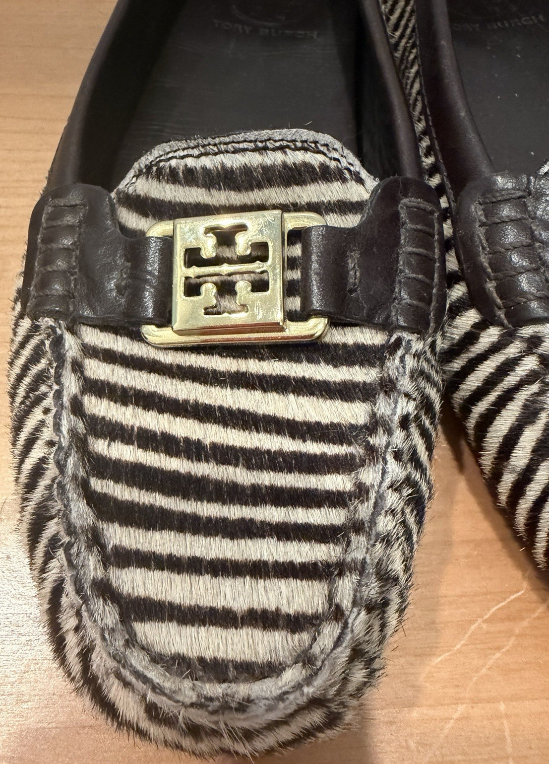 Tory Burch Women’s 8.5 Black/White Striped Logo Slip-On Loafer Flats