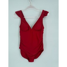 Kona Sol Sz S Red One Piece Swimsuit Ruffle Shoulder V Neck Ruched Side Women's