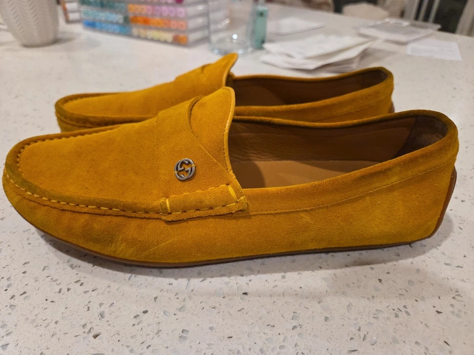 Мокасины без шнуровки Gucci желтые замшевые с блокировкой G размер 7,5 - Изображение 3 из 4