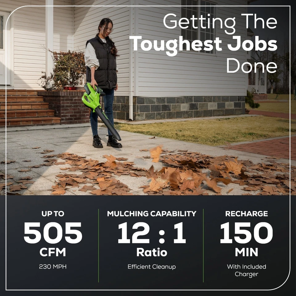 Greenworks 40V 505CFM Cordless Leaf Blower Vacuum w/ 5Ah Battery and 2A Charger - Image 3 of 4