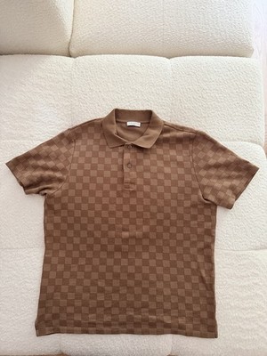 Sandro Men s Brown Check Knit Polo Shirt Short Sleeve Collared Button Size L