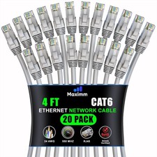 20-Pack Cat 6 Ethernet Cable 4 Ft High-Speed LAN Patch Cord UTP 10Gbps Gray