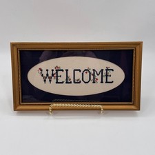 Vintage Framed Needlepoint WELCOME Floral Cross Stitch Wall Decor