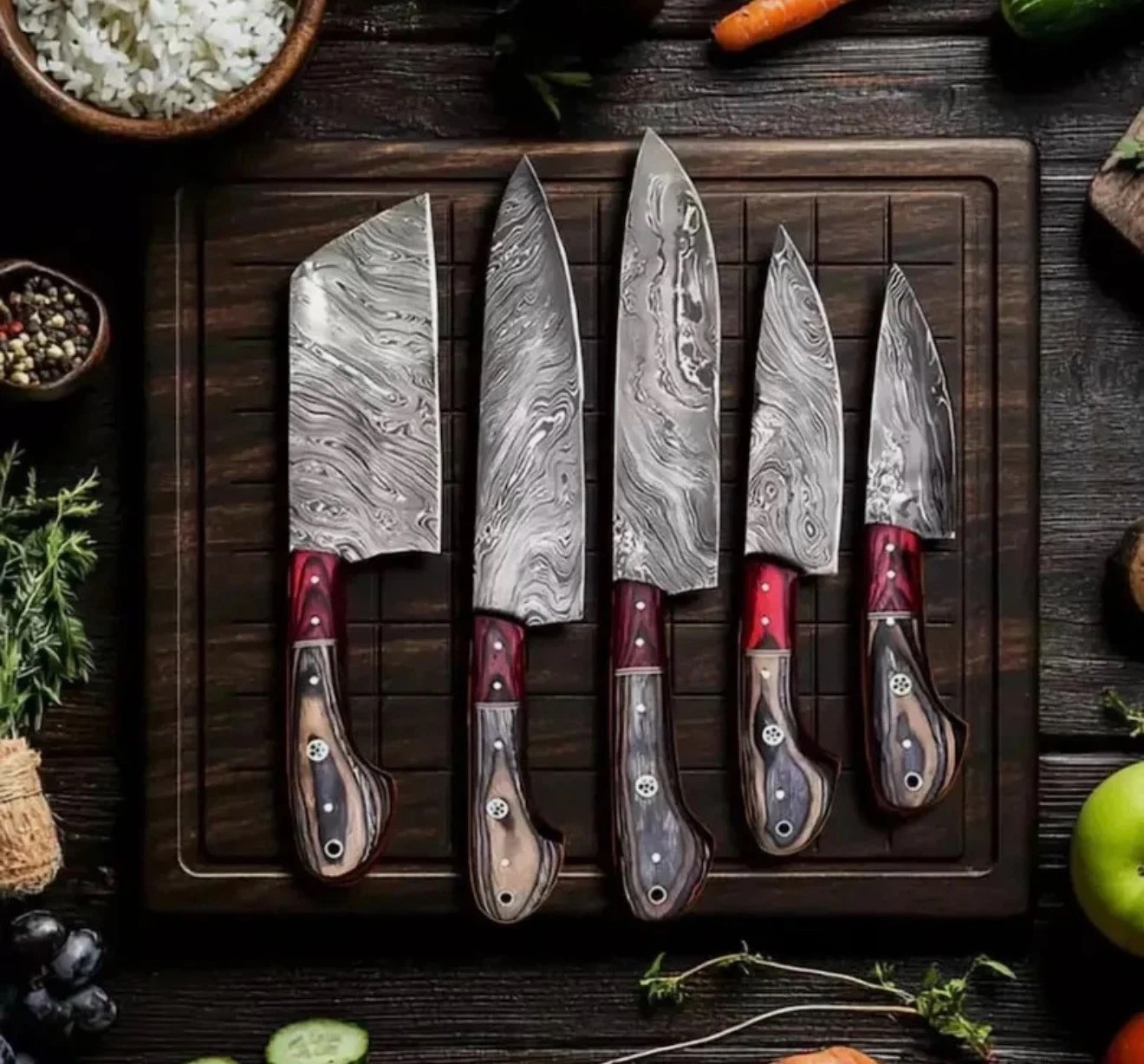 Custom Handmade Damascus Steel 5 Pieces Chef Set Kitchen Knives With Sheath
Opens in a new window or
