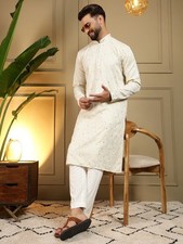 Designer Cotton With Heavy Embroidery Kurta Pajama Set For Men's For Party Wear